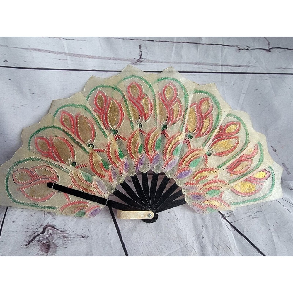 Vintage Indonesian Folding Hand Fan Pierced Vellum Hand Painted Flower